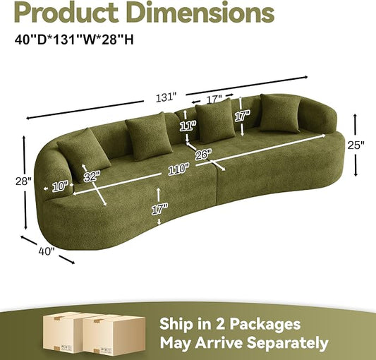 131" Curved Modular Sectional Sofa for Living Room, Modern Chenille Oversized Cloud Couch Sofa, Luxury Plush Extra Deep 4-Seater Boucle Couch for Apartment, No Assembly Required, Green