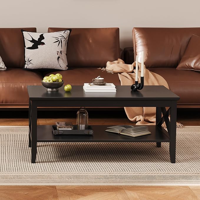 ChooChoo Oxford Coffee Table with Thicker Legs, Black Wood Coffee Table with Storage for Living Room