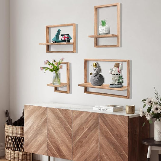 PHOENANCEE Square Floating Shelves,Framed Wall Shelf Decorative Set of 4,Modern Plants Hanging Display Art Decor Storage for Livingroom Bedroom Bathroom Farmhouse,Home Light Wood,Carbonized Black