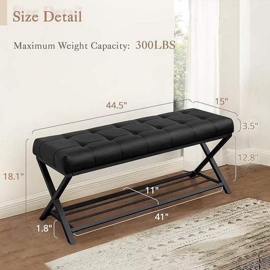 LUE BONA 44.5” End of Bed Bench with Shelf, Linen Tufted Upholstered Storage Shoe Bench, Modern Bedroom Bench with Metal Legs for Living Room, Entryway, Dining Room, 300 LB, Black
