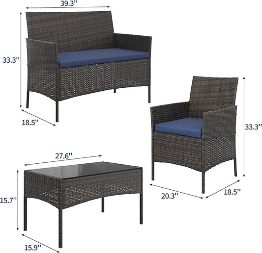 4-Piece Outdoor Furniture Set, PE Rattan Wicker Chairs with Soft Cushions & Tempered Glass Coffee Table - All-Weather Patio Set for Garden, Backyard, Porch, Poolside (Brown/Dark Blue)