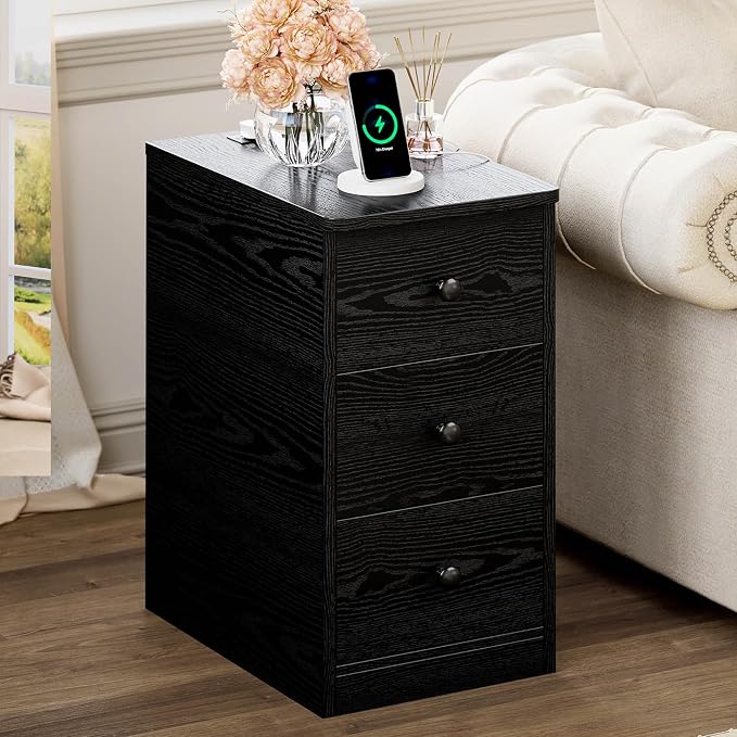 LIKIMIO Nightstand with Charging Station, Narrow Bedside Table with 3 Drawers, End Table with USB Ports and Outlets, Side Table for Living Room/Bedroom Modern