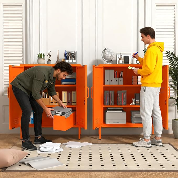 Multipurpose Accent Cabinet Locker, Metal Storage Cabinet with 2 Adjustable Shelves, Heavy Duty & Lockable Organizer Made of Thickened Steel, Easy Assembly for Home, Entryway, Orange
