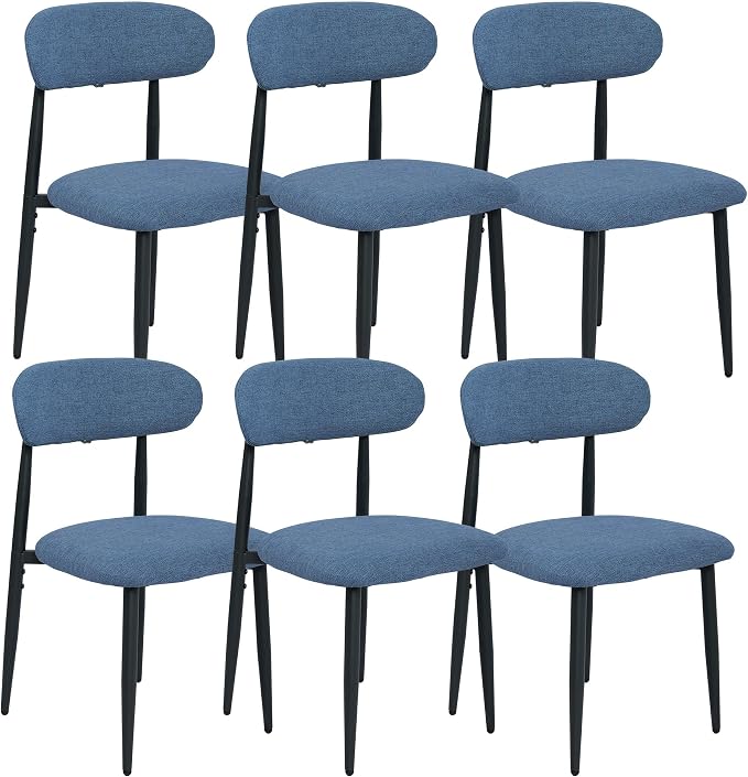 FREKEN Modern Upholstered Dining Chairs Set of 6, Mid-Century Metal Frame Linen Fabric Side Chair for Kitchen Dining Room, 350lbs Capacity, Blue