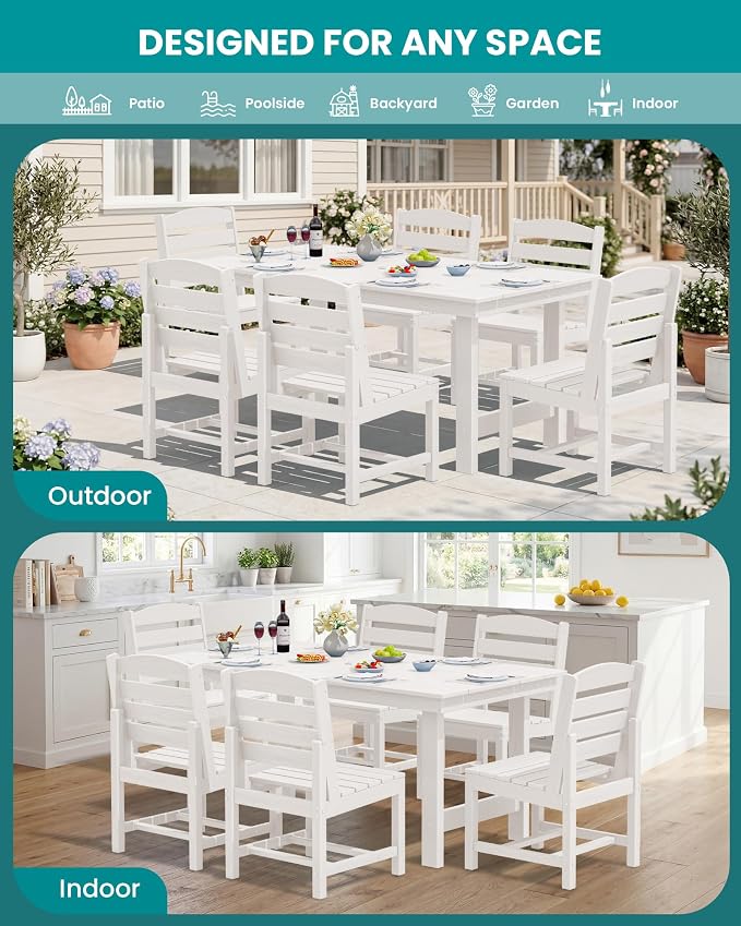 SERWALL Patio Dining Sets for 6 Person, HDPE Dining Set with 6 Armless Chairs, White