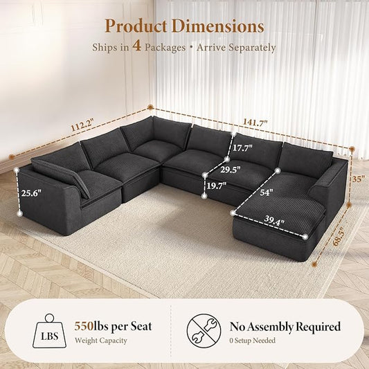 Vesgantti 141.7" Oversized Boneless Sectional Couch, Modern 7 Seater Modular Sofa with Chaise, Deep Seat Convertible Corduroy Cloud Couches for Living Room, No Assembly Required, Black