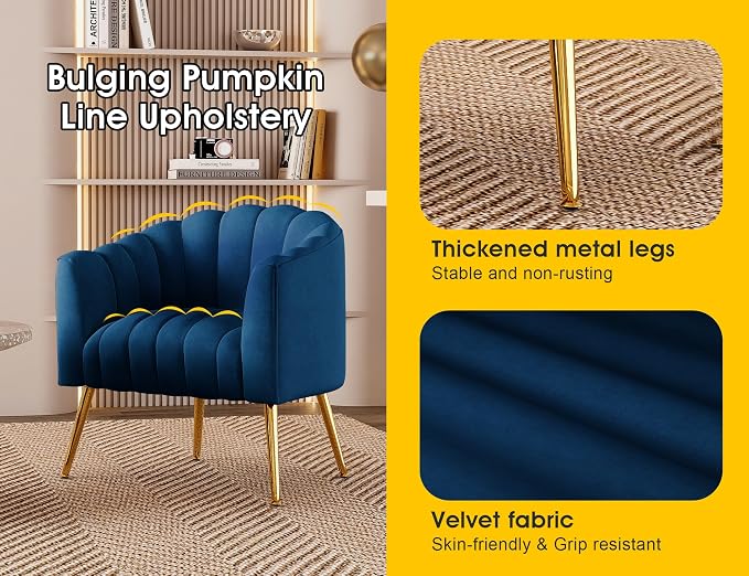 Dewhut Oversized Pumpkin Couch Accent Chair, Modern Comfy Velvet Upholstered Barrel Chairs, Luxury Single Sofa Armchair for Living Room, Waiting Room, Office and Vanity, (Navy)