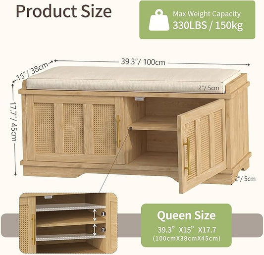Heybly Shoe Cabinet with Bench, Rattan Entryway Storage Bench with Cushion, Shoe Storage Bench Cabinet with 2 Doors, Adjustable Shelves, Wooden Shoe Bench 39.4" for Living Room Bedroom Hallway HSB002N