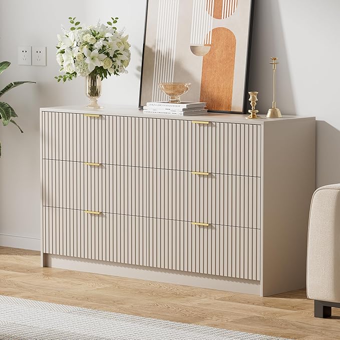Furniway Beige Dresser for Bedroom, Modern Dresser with 6 Drawers and Smooth Slides, Wide Chest of Drawers with Golden Handles for Bedroom, Living Room, Closet, 15.7" D x 55.1" W x 31.4" H