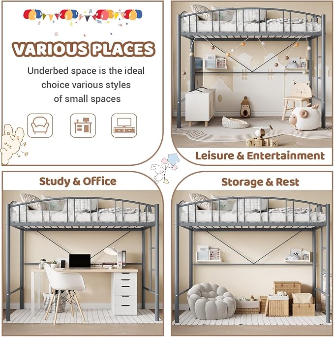 GarveeHome Loft Bed Twin Size, Heavy Duty Metal Loft Bed Frame with Arched Guardrail and Safety Ladder, Space-Saving, No Box Spring Needed, Modern Gray
