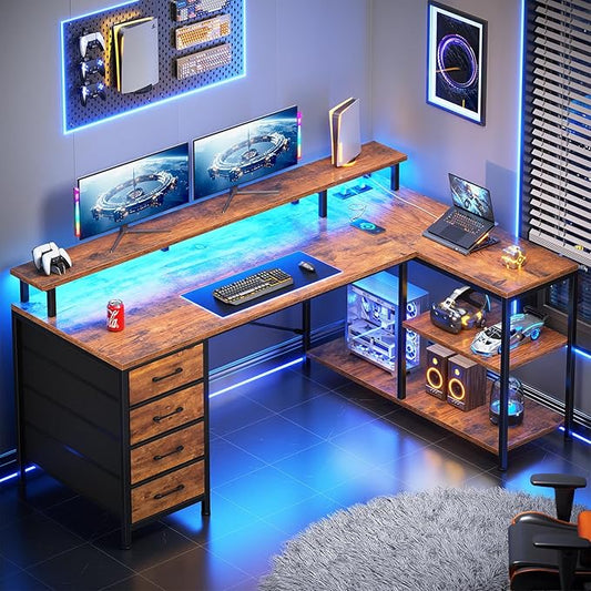 SEDETA L Shaped Desk with 4 Drawers and Storage Shelves, L Shaped Gaming Desk with LED Lights & Power Outlets, Computer Desk with Shelves & Drawer, Corner Desk Home Office Desk, Rustic Brown