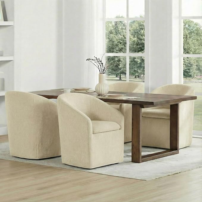 KISLOT Upholstered Dining Chairs Set of 1 with Casters, Modern Side Barrel Armchair with Washable Slipcover & Sturdy Metal Frame for Diningroom Bedroom Livingroom Reading Room, Sand Fabric