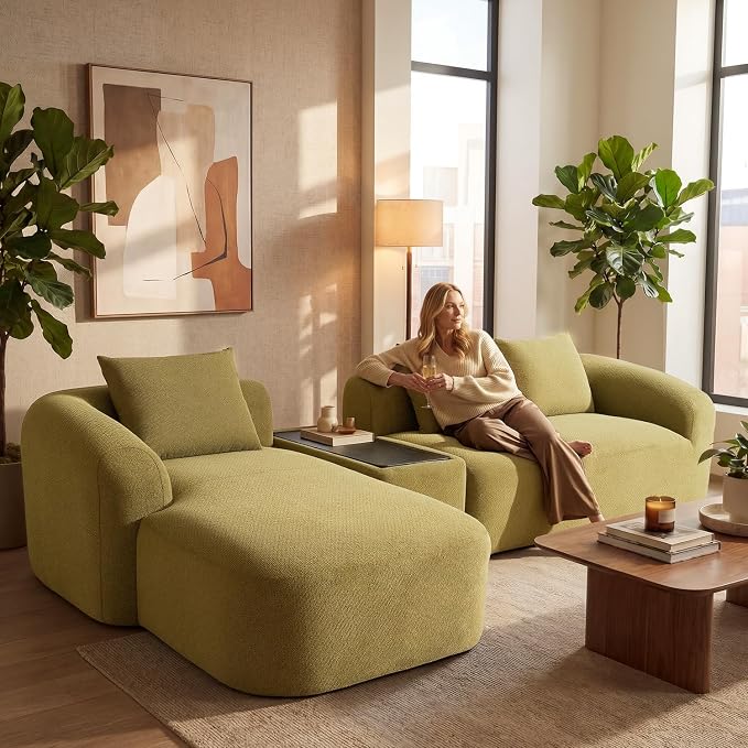 Relefree 136" Curved Modular Sectional Sofa, Boneless Couch with Movable Coffee Table, High-Resilience Foam, Couches for Living Room, Oversized, Chenille, Cloud Comfort, Thick Backrest Green