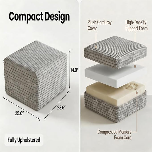 25.6 Inch Plush Corduroy Ottoman, Modular Sectional Foot Rest for Living Room, Upholstered Cloud Ottoman for Boneless Couch in a Box, Compressed Memory Foam, No Assembly Require, Light Grey