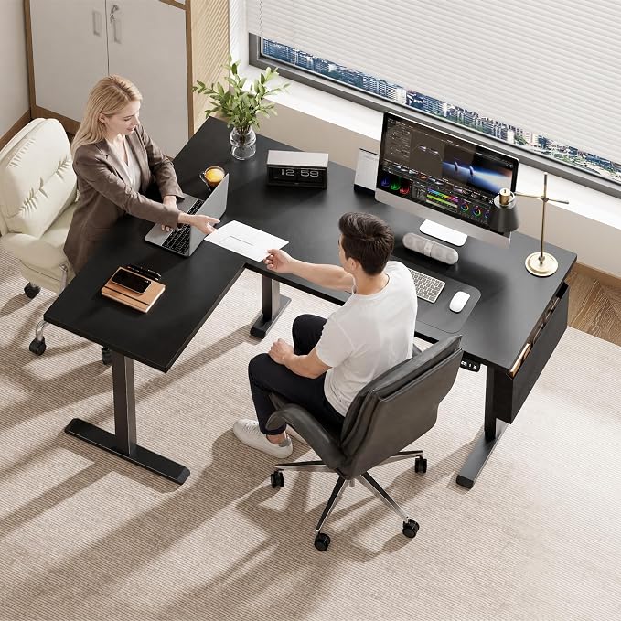 63” L Shaped Electric Standing Desk, Height Adjustable Computer Desk with LED Screen & Memory Presets, Ergonomic Sit to Stand Desk with Headphone Hook for Home, Office and Workstation, Dark Black