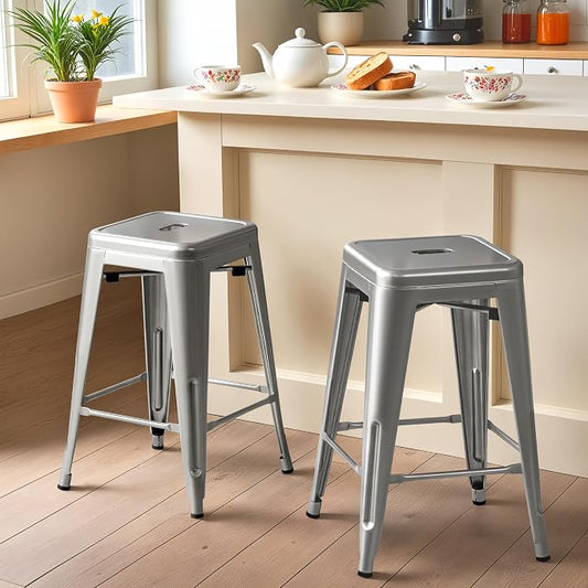 Furmax 24 Inch Metal Bar Stools Set of 4, Counter Height Bar Stools Height High Backless Stools Industrial Stackable Bar Chairs for Dining Room Kitchen Indoor Outdoor Stools Bar Chairs (Sliver)