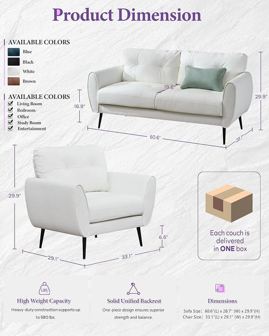 TYBOATLE Mid Century Modern White Leather Couch - 61" Loveseat, Tufted, Comfy 2 Seat Settee for Living Room or Office, Fits Small Spaces, Easy Assembly (2, White)