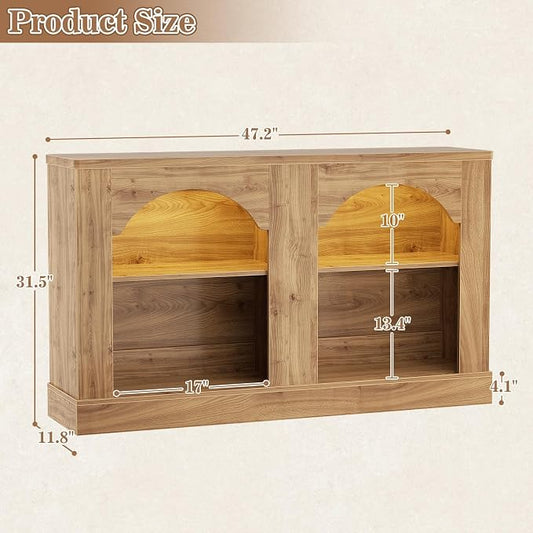Arched Entryway Table with LED Lights, 47" Farmhouse Console Table with Adjustable Shelves, Sofa Table Behind Couch, Sideboard Buffet Storage Cabinet for Entrance/Hallway/Living Room, Natural Oak