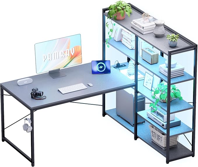Pamray 49 Inch L Shaped Gaming Computer Desk with Shelves and Storage | Compact Reversible Design with LED Lights & Power Outlets, Suitable for Home Office Bedroom Small Spaces and Dorm Study Work
