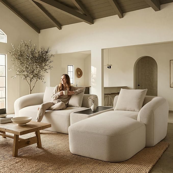 Relefree 136" Curved Sofa, Modular Sectional Sofa with Movable Coffee Table, Couches with Spring & High-Resilience Foam, Boneless Sofa for Living Room, Cloud Comfort, Oversized, Thick Backrest White