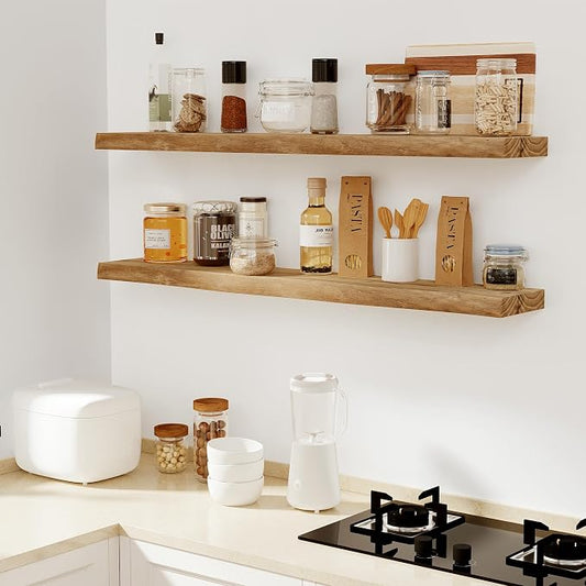Vivelove Live Edge Floating Shelves Solid Wood, Elm Shelves for Wall with Invisible Bracket for Living Room Bedroom Bathroom Office Book, Rustic Farmhouse Wooden Shelf, 32 Inch Set of 2- Natural