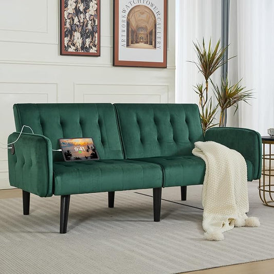 TYBOATLE 65" W Velvet Modern Convertible Folding Futon Couch Sofa Bed w/ 2 USB Charging Ports and arms, Loveseat for Living Room, Office, Apartment, Bedroom (Green)