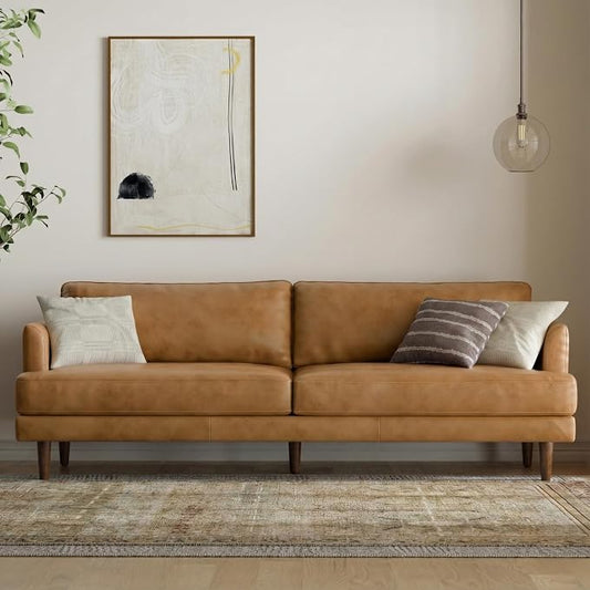 SIMPLIHOME Livingston 90-inch Wide Sofa in Sienna Top Grain Genuine Leather, Handcrafted Mid-Century Modern Couch for Living Room, Large 3-Seater with Feather-Wrapped Cushions and Solid Wood Frame