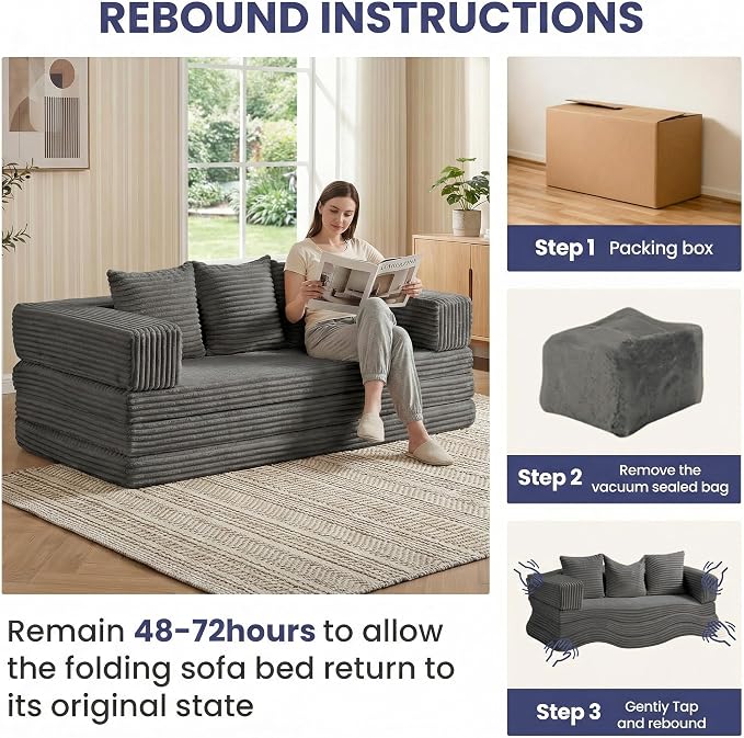 Convertible Sofa Bed Couch, 78’’ Oversized 4-in-1 Boneless Couches with Removable Armrests Backrest, Corduroy Futon Sofa Bed, Foldable Mattress Sleeper Sofa for Living Room Bedroom (Grey)
