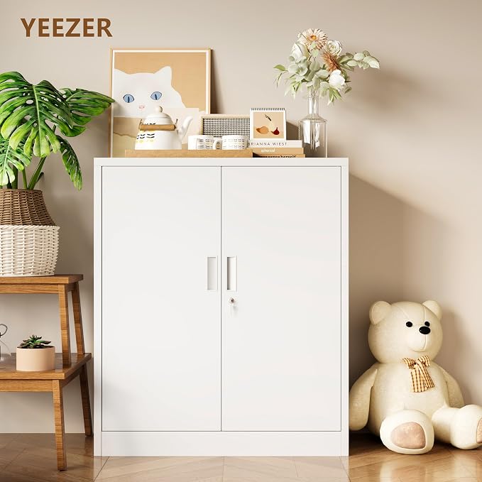 Metal Storage Cabinet, 36" H Locking Storage Cabinet, Metal Storage Cabinet with Locking Doors for Home, School, Office, Garage, White