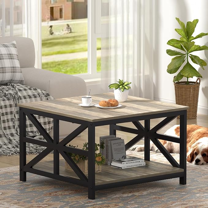 GreenForest Living Room Coffee Table with 2 Tier Storage | X Metal Frame Square Center Table with Seamless One-Piece Tabletop,27.55 inch Sofa Table,Scratch-resistant,Gray Wash