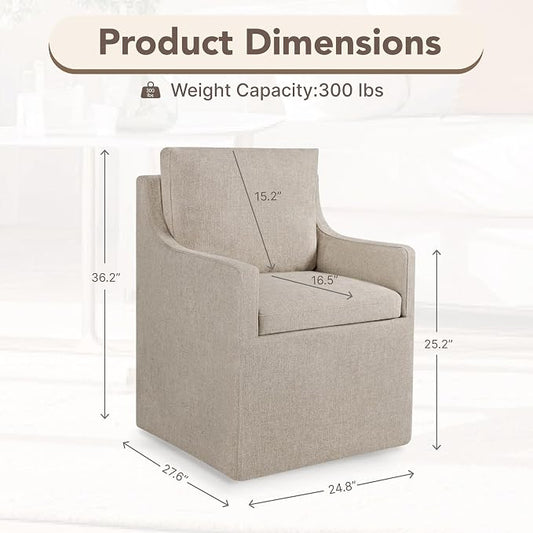 KISLOT Upholstered Dining Chairs Set of 1, Modern Dining Room Chairs with Casters & Washable Cover, Rolling Accent Chair with Hidden Storage for Kitchen, Farmhouse, Linen, 1 Box