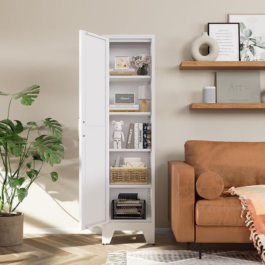 COFaR Tall Bathroom Storage Cabinet, Metal Farmhouse Narrow Slim Cabinet with Adjustable Shelves Barn Door for Bathrooms, Kitchens, Entrances Living Room (White)
