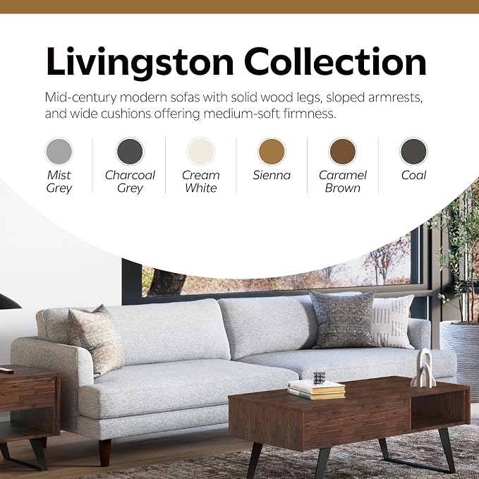 SIMPLIHOME Livingston 90-inch Wide Sofa in Mist Grey Woven-Blend Fabric, Handcrafted Mid-Century Modern Oversized 3-Seater Couch Sofa for Living Room or Family Room, Solid Wood Frame