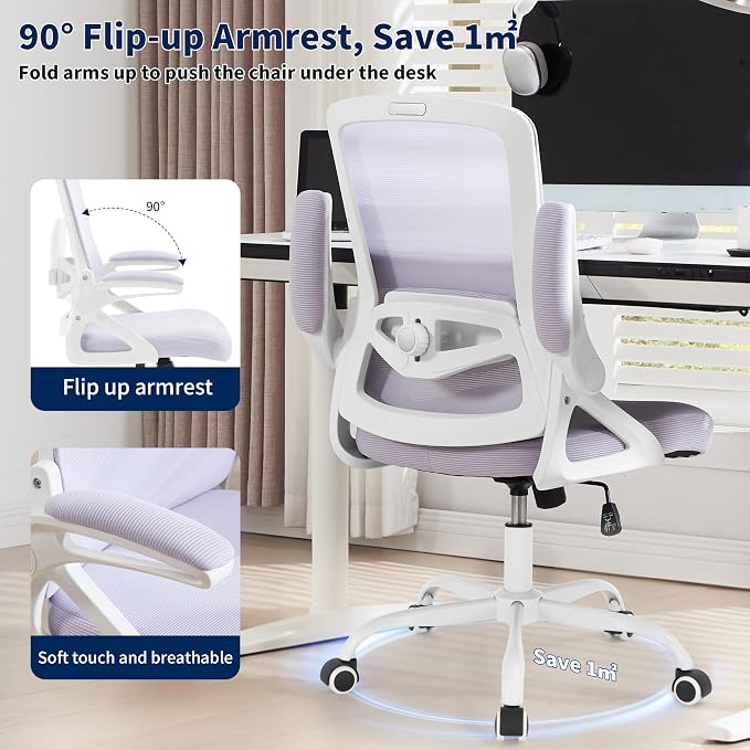 Ergonomic Office Chair, Desk Chair with Adjustable Lumbar Support, Breathable Mesh Comfy Computer Chairs with Flip-up Armrests Executive Task Chair for Adults Home Office(Lavender)