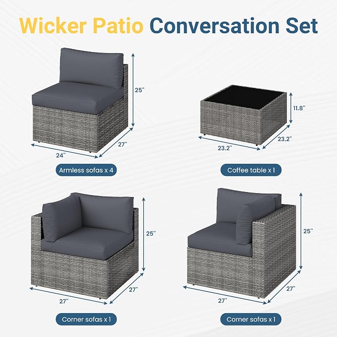 Wisteria Lane 7 Pieces Outdoor Patio Furniture Set, Wicker Outdoor Patio Sectional Sofas with Coffee Table, All-Weather Patio Conversation Set for Garden Backyard, Grey