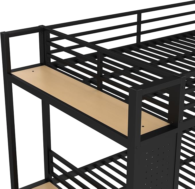 DNYN Full Over Full Metal Bunk Bed with 2 Drawers and Built-in Wardrobe for Teens Bedroom/Dorm/Staff Housing, Space-Saving Bed Frame with Storage Shelves and Pegboard, No Box Spring Needed