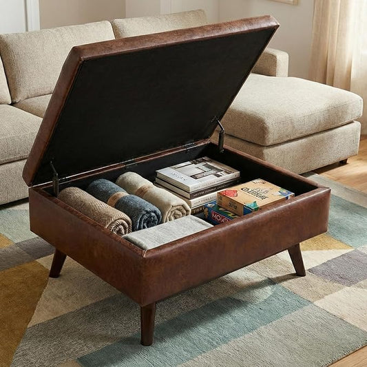 SIMPLIHOME Owen Coffee Table Storage Ottoman - 34" Wide x 19" High Upholstered Vegan Leather Rectangular Lift-Top Ottoman in Distressed Saddle Brown, Mid-Century Modern Bench with Tapered Legs