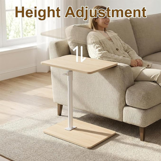 YUHFERA Sofa Armrest Tray Table for Couch - 360 Swivel Height Adjustable End Table for Small Spaces, Snack Side Table for Bed or Chair with Phone & Tablet Slot (Oak, Enlarged)