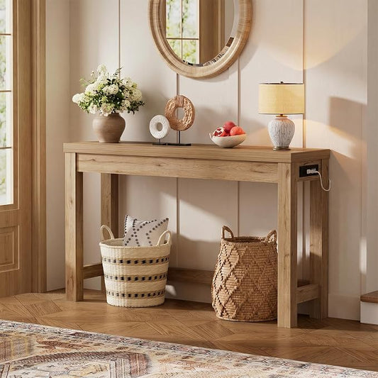 Cyclysio 47" Console Table with Charging Station, 13.8" Deep Farmhouse Sofa Table Behind Couch with 2 AC Outlets & 3 USB Ports, Entryway TV Console or Compact Home Office Desk, Natural Oak