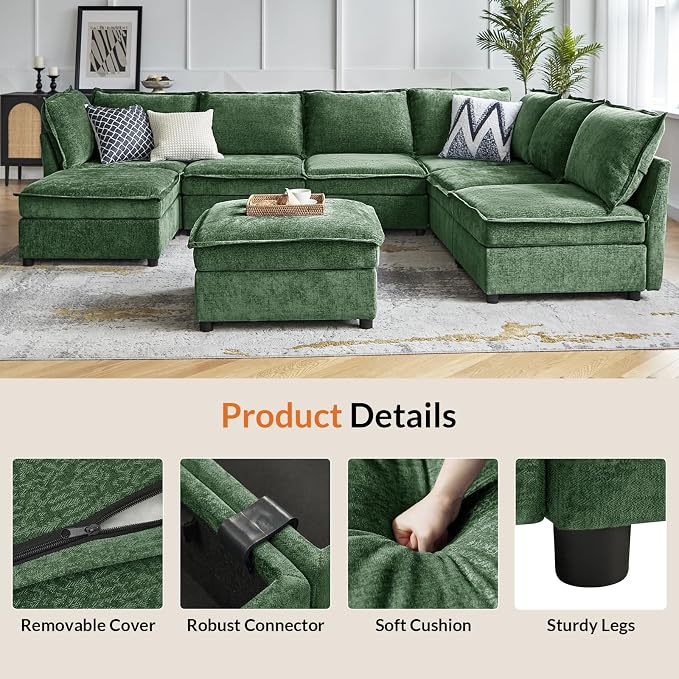 HULALA HOME Oversized Modular Sectional Sofa, 8 Seat U Shaped Couch with Storage Ottoman, Comfy Chenille Sofa with Deep Seat, Convertible Sectional Couches for Living Room, Green