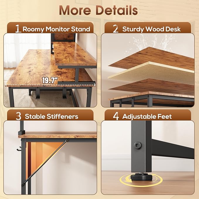 DurayLoly Computer Desk, 55" Desk with Cabinet to Display & RGB Light, Home Office Desks with 3 Drawers for Small Space, 2 AC Power Outlets and 2 Ports, Monitor Stand for Student Bedroom, Brown