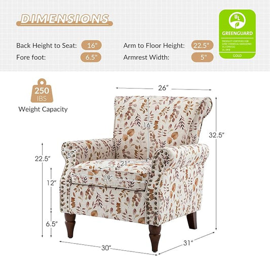HULALA HOME Modern Wingback Accent Chair with Wood Legs & Removable Cushion, Comfy Upholstered Armchair with Nailhead Trim, Floral Pattern Single Sofa Chair for Living Room Bedroom, Yellow