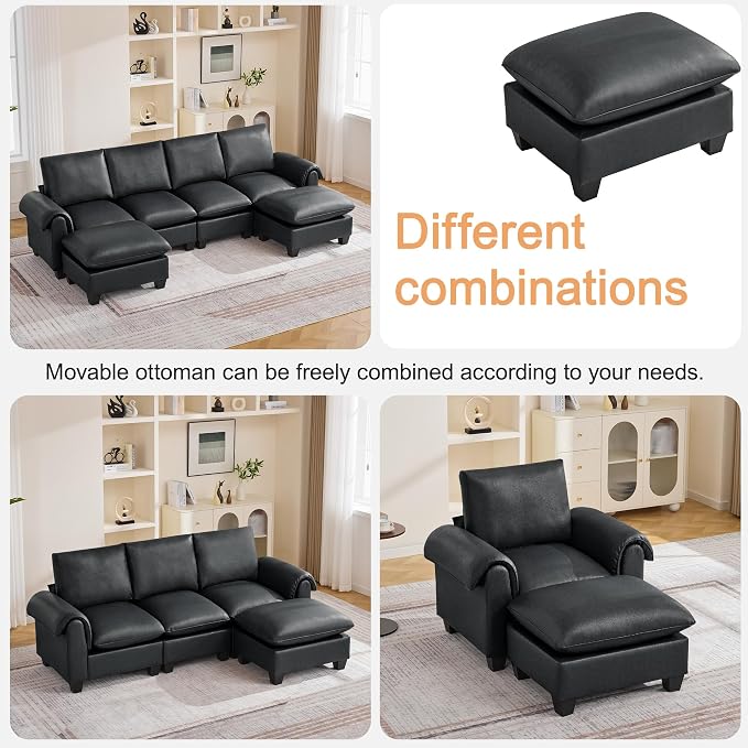 96" Faux Leather Modular Sectional Sofa with Movable Ottoman, Oversized 3 Seater Couch with Curved Armrests, Cloud Modern L-Shaped Sofa Deep Seat for Living Room, Black