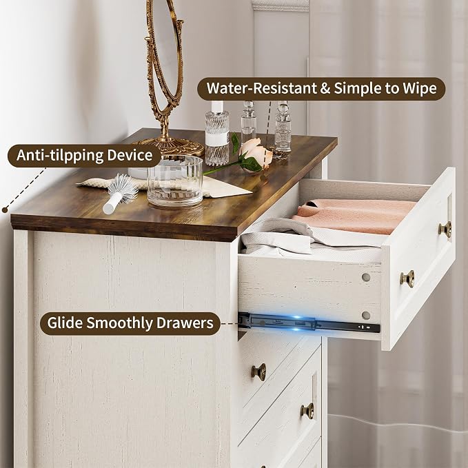 Farmhouse Dresser Nightstand Sets, 3-Piece Bedroom Furniture Set for Home | 5 Drawer Dresser Closet & 3 Drawer Nightstand Set of 2, Chest of Drawers for Bedroom, Living Room, Entryway, Antique White