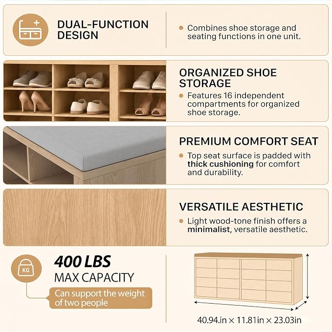 Shoe Rack Bench, Shoe Storage Bench with Cushion, Shoe Organizer 16 Cubbies for Entryway Hallway Bedroom Living Room, Holds Up to 400lbs
