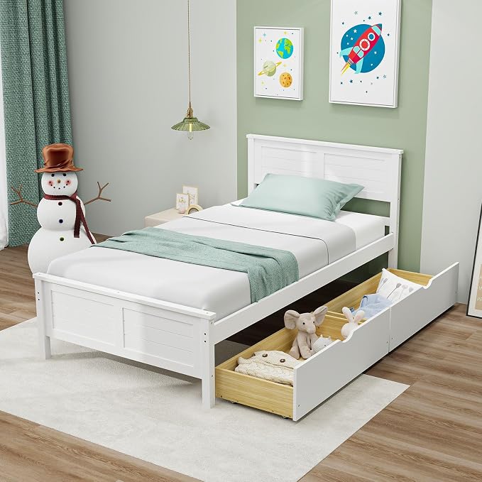 Giantex Wood Twin Bed with 2 Storage Drawers, Solid Wood Platform Bed with Headboard, Wooden Slats Support Mattress Foundation, No Spring Needed, Twin Bed Frame for Kids, Teens, Adults, White
