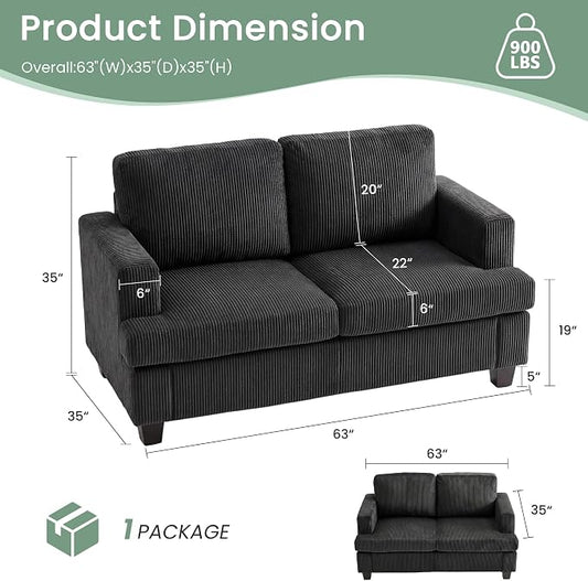 3 Pieces Corduroy Couch Set for Living Room, 7 Seats Cloud Sofa, Deep Seat Floor Couch for Bedroom, Futon Modern Sofa Sectional Bed, Black Corduroy