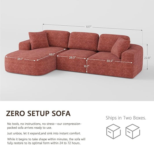 Dowinx 107" Boneless Cloud Couch, Modular Sectional Sofa with Deep Seat & Chaise, No Assembly Sofa-in-Box, Convertible L-Shape for Living Room Apartment, Brownish Red