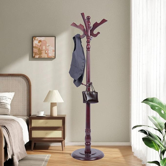 Wooden Coat Rack Free standing, Vintage Coat Rack Stand for Entryway, Adjustable Height 73", Heavy Duty Coat Tree with Solid Round Base for Home Bedroom, Office (Hummingbird)