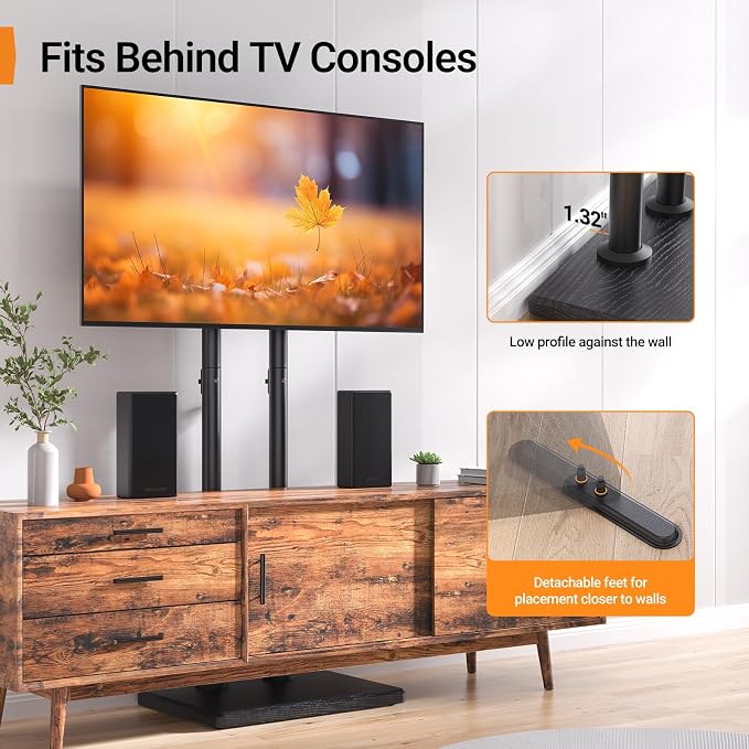 Perlegear Universal Floor TV Stand for 32–70" TVs up to 110 lbs, Height-Adjustable Tall TV Stand with Solid Wood Base & Extra-Stable Anti-Tip Feet, Swivel TV Mount for Bedroom, VESA 400x400, PGFLS34B